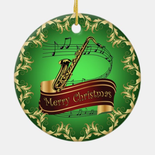 Saxophone ~ Musical Scroll ~ Merry Kerst~ * ~ Keramisch Ornament (Achterkant)