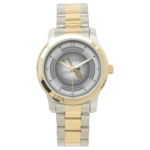 Saxophone ~ Musical Scroll ~ Silver Speaker ~ Horloge