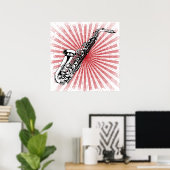 Saxophone op Grunge Red Sunburst Poster (Thuiskantoor)