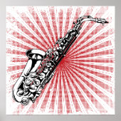 Saxophone op Grunge Red Sunburst Poster (Voorkant)