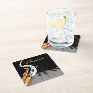Saxophone Personalized Black Gold Kartonnen Onderzetters