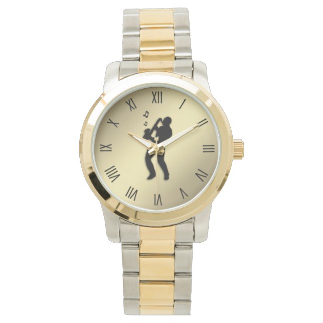 Saxophone Player w Roman Numerboeken Horloge (Voorkant)