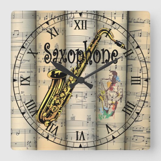 Saxophone ~ Rollend vel Music ~ Uniek ~ Vierkante Klok (Voorkant)