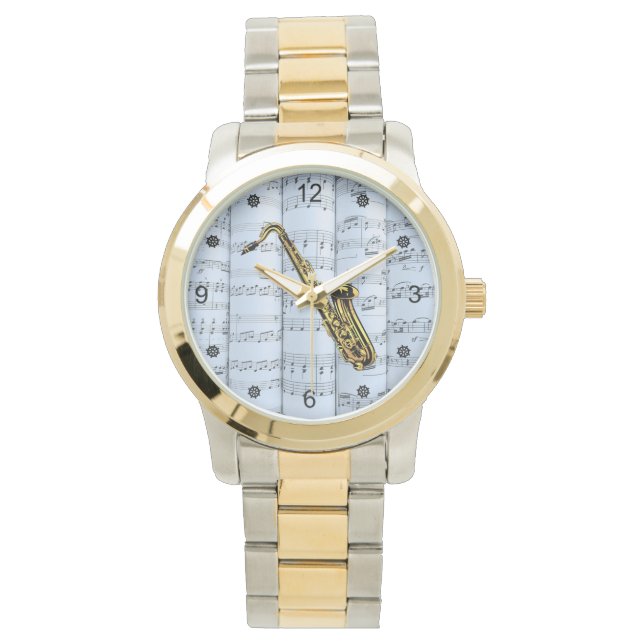 Saxophone~Rolling Blade Muziek~Blue Tint Achtergro Horloge (Voorkant)