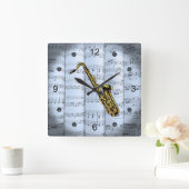 Saxophone~Rolling Blade Muziek~Blue Tint Achtergro Vierkante Klok (Huis)