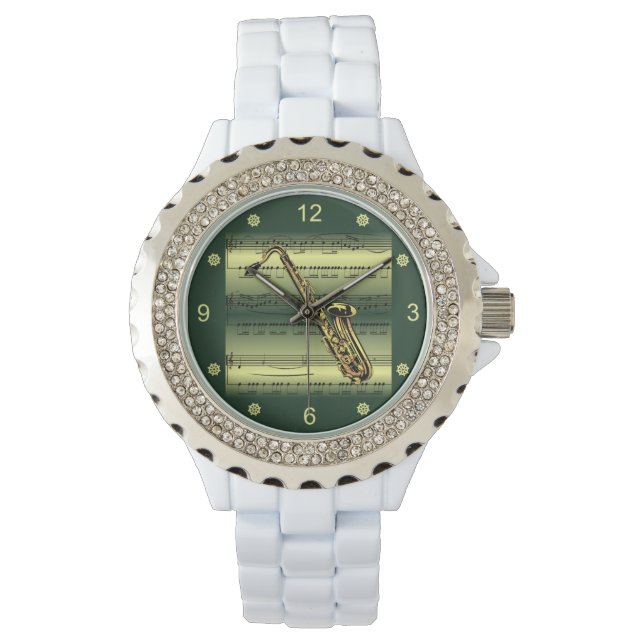 Saxophone~Rolling Sheet Music~Gold/Green Backgroun Horloge (Voorkant)