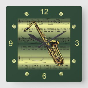 Saxophone~Rolling Sheet Music~Gold/Green Backgroun Vierkante Klok