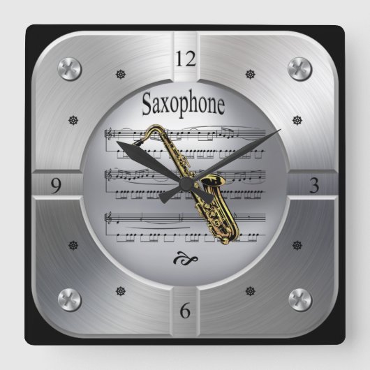 Saxophone ~ Sheet Music ~ Brushed Silver Color ~ Vierkante Klok (Voorkant)