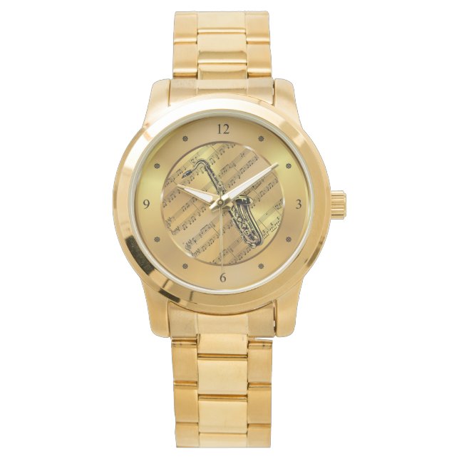 Saxophone ~ Sheet Music ~ Gold Background ~ Unieke Horloge (Voorkant)