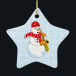 Saxophone Snowman Keramisch Ornament<br><div class="desc">Een snowman saxophone speler met een muzieknote scarf is een humoristisch muziekcadeau voor winterdesign voor houten leraren en saxophonisten in concert,  jazz en marchingbanden.</div>