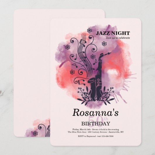 Saxophone Waterverf Birthday Party Kaart (Voorkant / Achterkant)