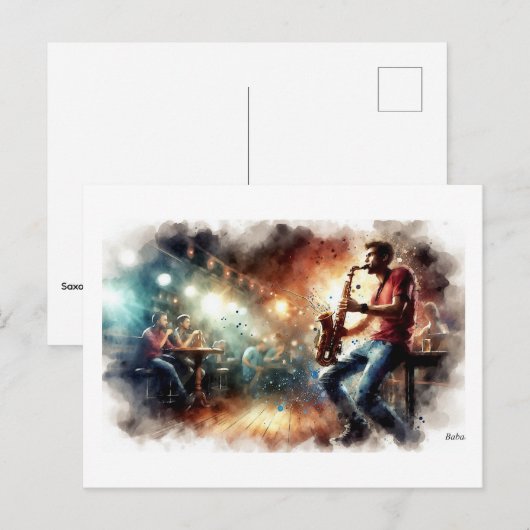 Saxophonist Performing in Cafe, Briefkaart (Voorkant / Achterkant)