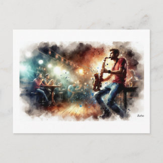 Saxophonist Performing in Cafe, Briefkaart