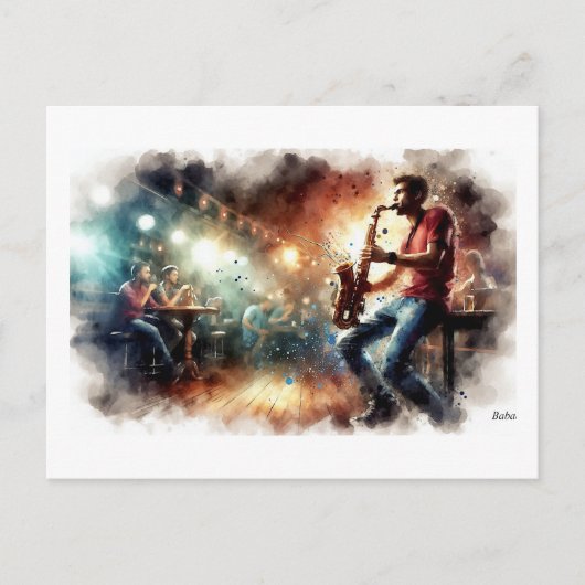 Saxophonist Performing in Cafe,  Briefkaart (Voorkant)