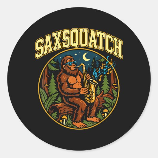 Saxsquatch Bigfoot Saxophone Player Jazz Music Hum Ronde Sticker (Voorkant)