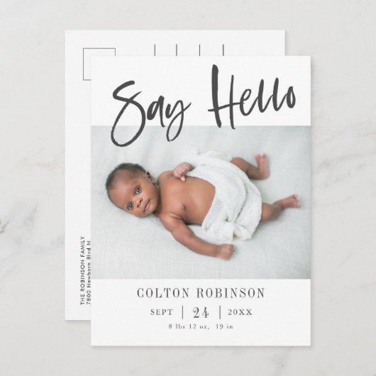 SAY HALLO Modern Baby Foto geboorteaankondiging  Aankondigingskaart (Voorkant / Achterkant)