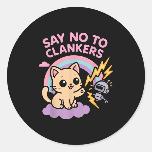 Say No To Clankers Anti Ai Robots Cute Kitten Rain Ronde Sticker (Voorkant)