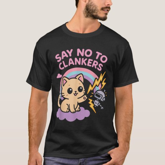 Say No To Clankers Anti Ai Robots Cute Kitten Rain T-shirt (Voorkant)