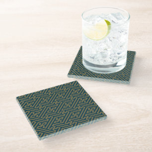 Sayagata patroon, Japans, Goud en Marine Blauw Glazen Onderzetter
