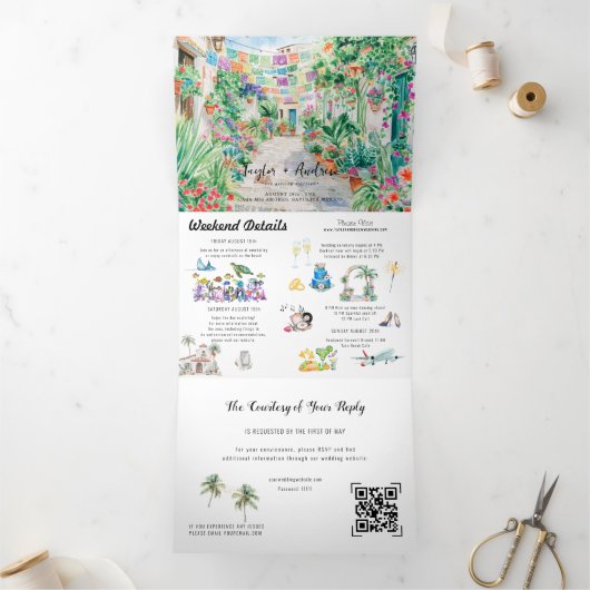 Sayulita Mexico Bestemming | Geïllustreerde bruilo Drieluik Uitnodiging (Binnen)