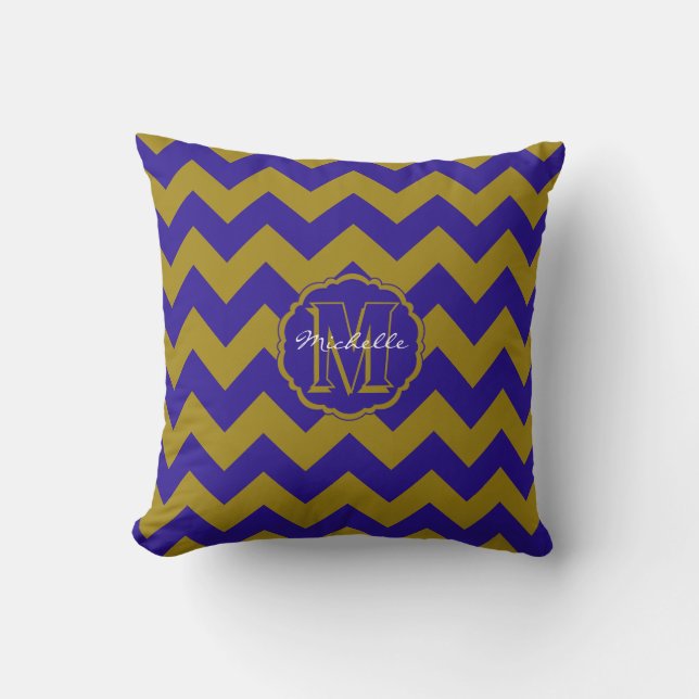 SC Monogram Chevron, Blue-Gold Square Pillow Kussen (Voorkant)