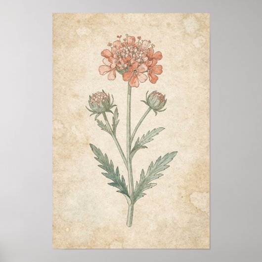 Scabiosa Botanische Print | Zachte Roze Bloem Stud (Voorkant)