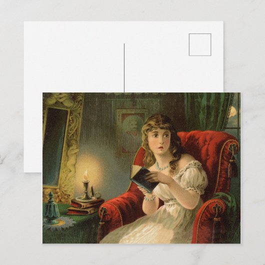 Scade jonge vrouw die een boek leest,  vakantie briefkaart (Voorkant / Achterkant)