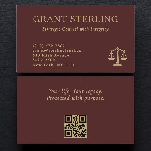 Scales of Justice Burgundy Gold Legal QR Code Visitekaartje