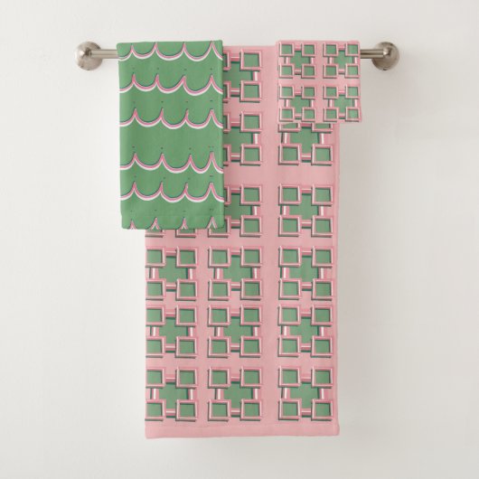 Scallop and Checkered Pink Bath Towel Set Bad Handdoek (Insitu)