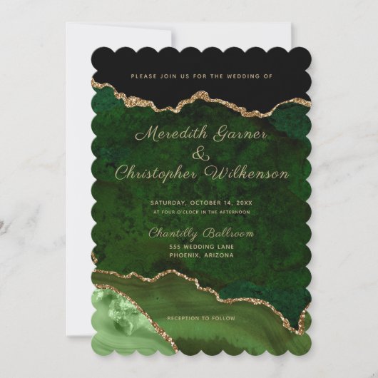 Scallop Edge Gouden Groene Agaat Foto Bruiloft Kaart (Voorkant)