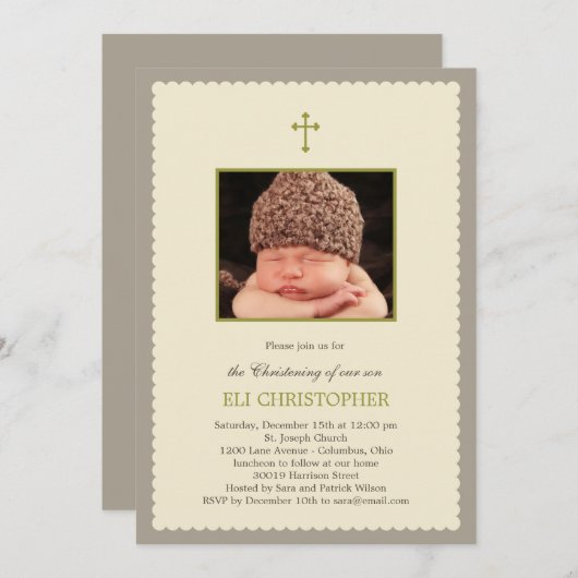 Scallop Lijst Christening Uitnodiging - Tan (Voorkant / Achterkant)