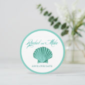 Scallop Seashell Beach Wedding | aqua Save The Date (Staand voorkant)