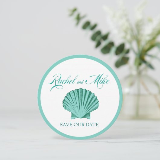 Scallop Seashell Beach Wedding | aqua Save The Date (Staand voorkant)