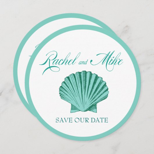 Scallop Seashell Beach Wedding | aqua Save The Date (Voorkant / Achterkant)