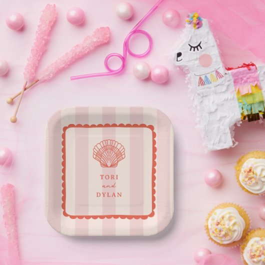 Scallop Seashell Roze Gestreepte Tropische Bruilof Papieren Bordje (Feest)