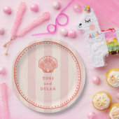 Scallop Seashell Roze Tropische Streep Bruiloft Papieren Bordje (Feest)