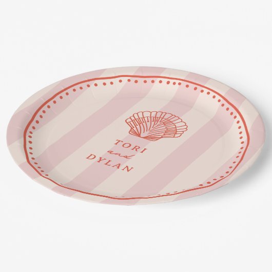 Scallop Seashell Roze Tropische Streep Bruiloft Papieren Bordje (Gekanteld)