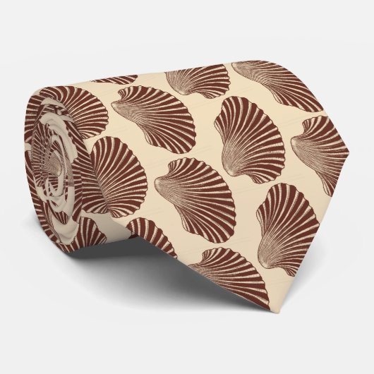 Scallop Shell Block Print, Brown and Beige Stropdas (Opgerold)