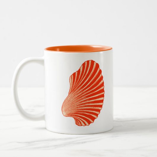 Scallop Shell Block Print, Coral Oranje en White Tweekleurige Koffiemok (Links)