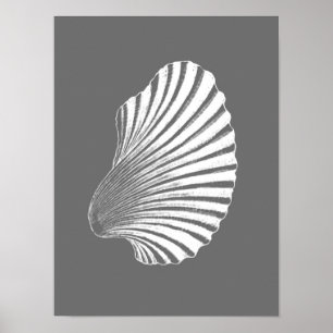 Scallop Shell Block Print, grijs / grijs en wit Poster
