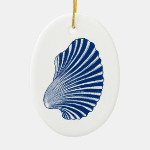 Scallop Shell Block Print, Indigo and White Keramisch Ornament