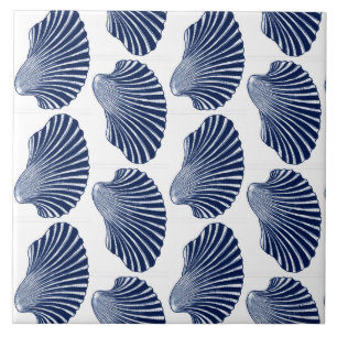 Scallop Shell Block Print, Indigo and White Tegeltje