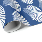 Scallop Shell Block Print, Navy Blue en White Cadeaupapier (Rol Hoek)
