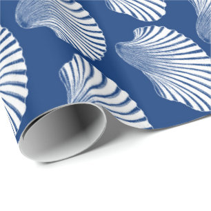 Scallop Shell Block Print, Navy Blue en White Cadeaupapier
