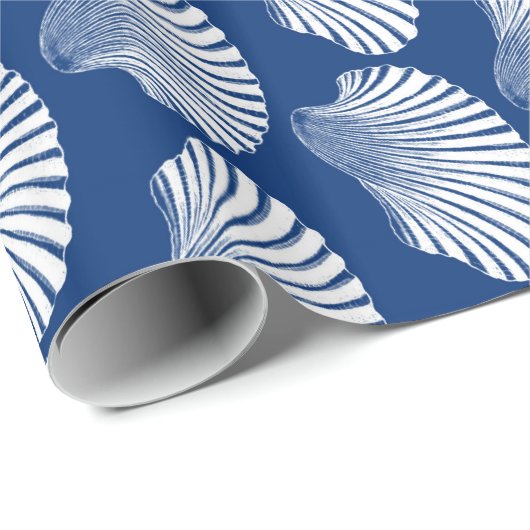 Scallop Shell Block Print, Navy Blue en White Cadeaupapier (Rol Hoek)