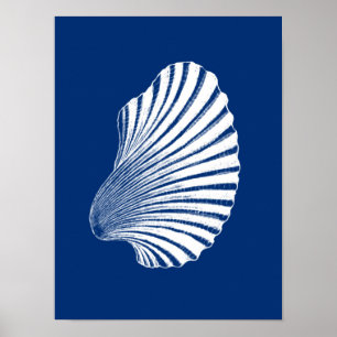 Scallop Shell Block Print, Navy Blue en White Poster