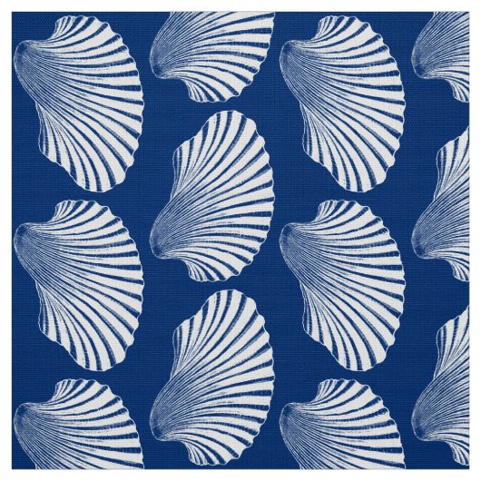 Scallop Shell Block Print, Navy Blue en White Stof (Swatch)