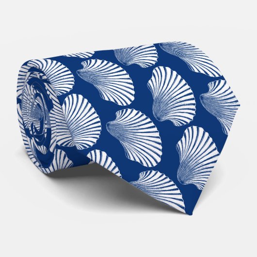 Scallop Shell Block Print, Navy Blue en White Stropdas (Opgerold)