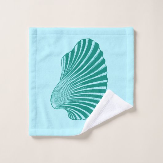 Scallop Shell Block Print, Turquoise en Aqua Bad Handdoek (Wasdoekje)