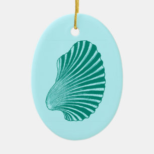 Scallop Shell Block Print, Turquoise en Aqua Keramisch Ornament